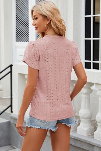 Eyelet V - Neck Petal Sleeve T-Shirt - Loulou Boutique