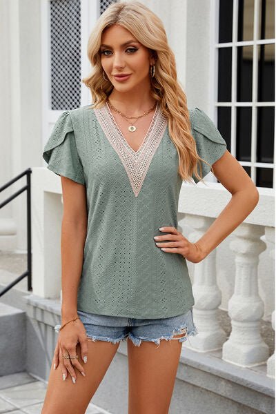 Eyelet V - Neck Petal Sleeve T-Shirt - Loulou Boutique