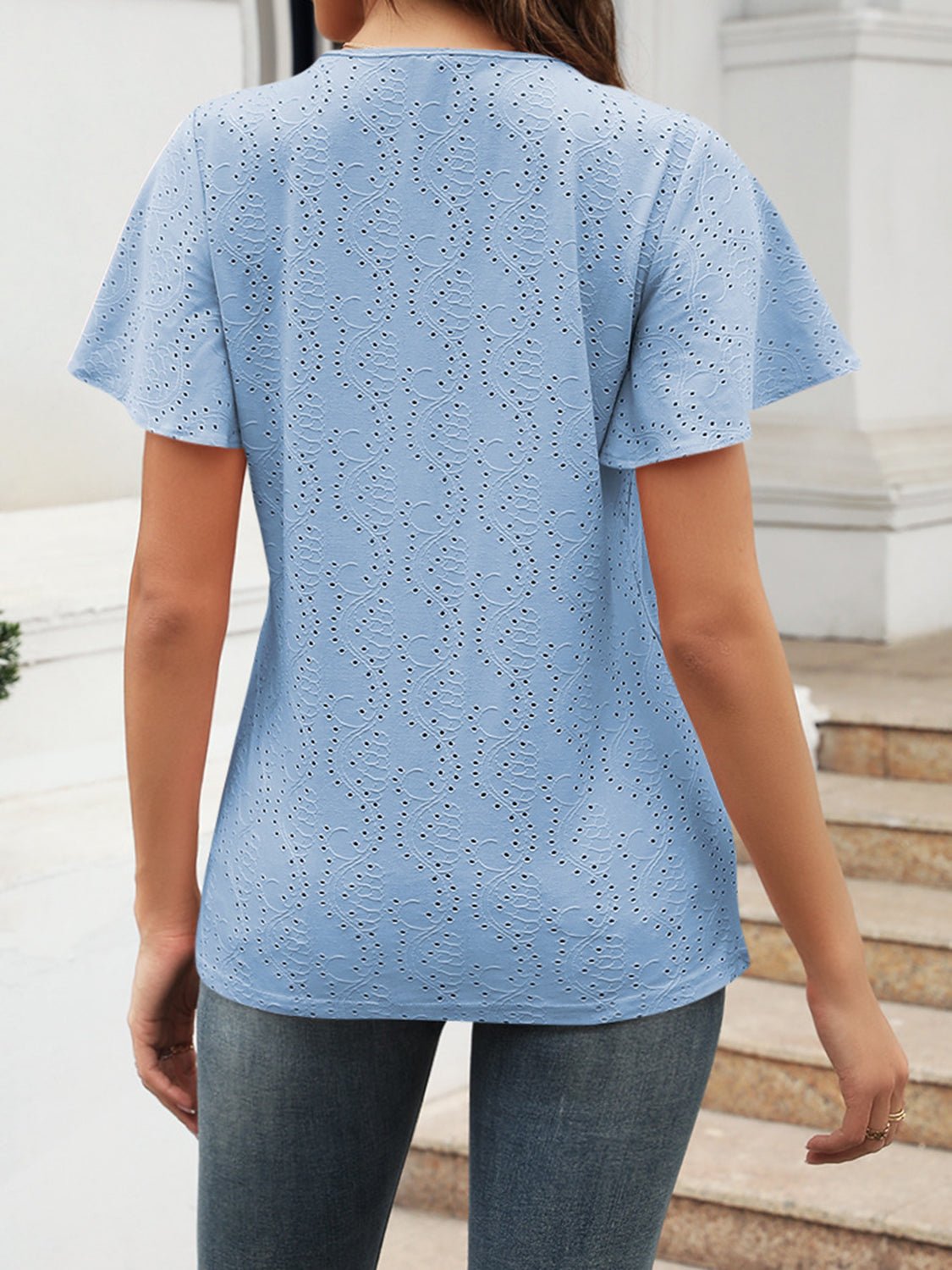 Eyelet V - Neck Short Sleeve Blouse - Loulou Boutique