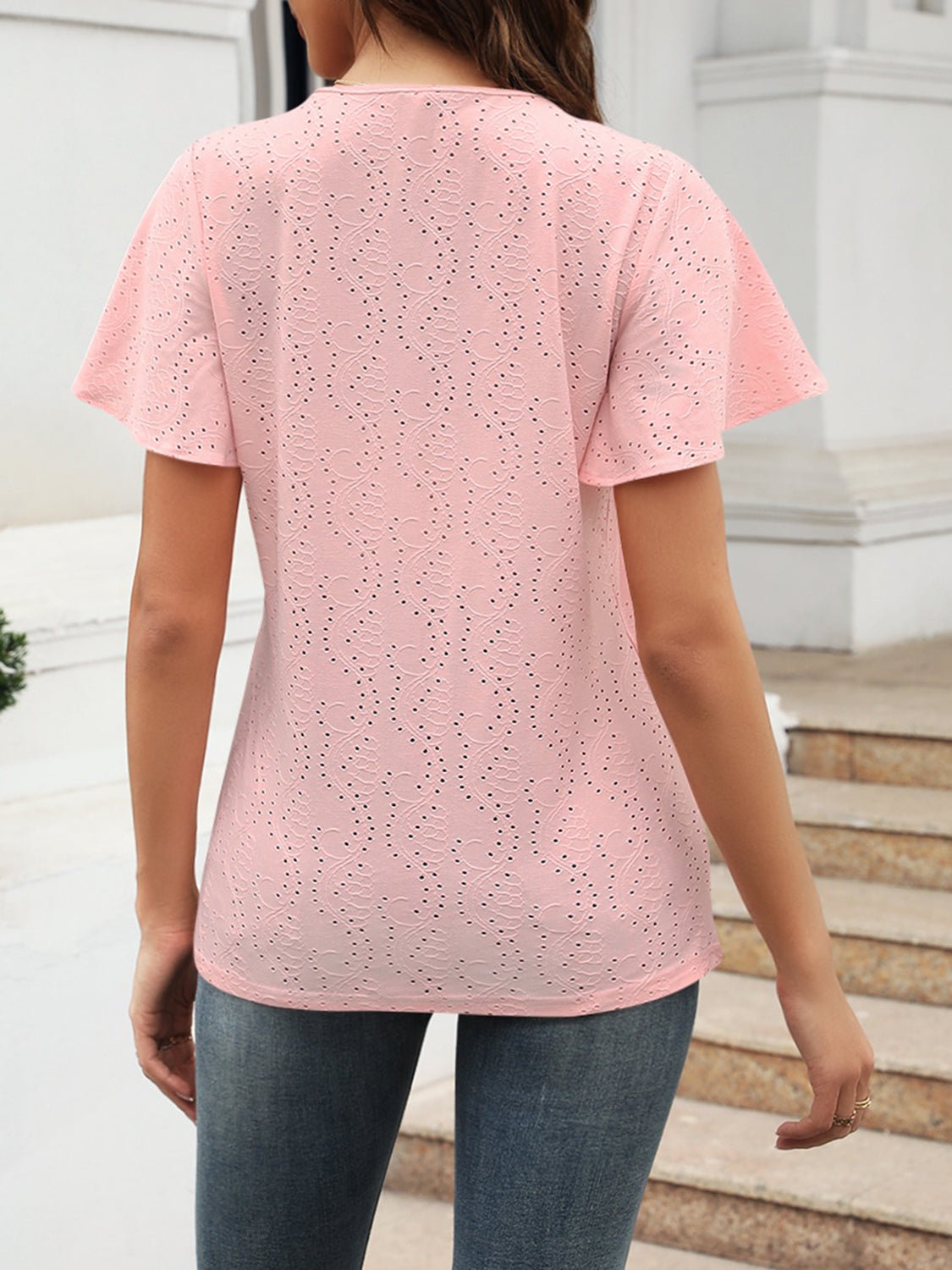 Eyelet V - Neck Short Sleeve Blouse - Loulou Boutique
