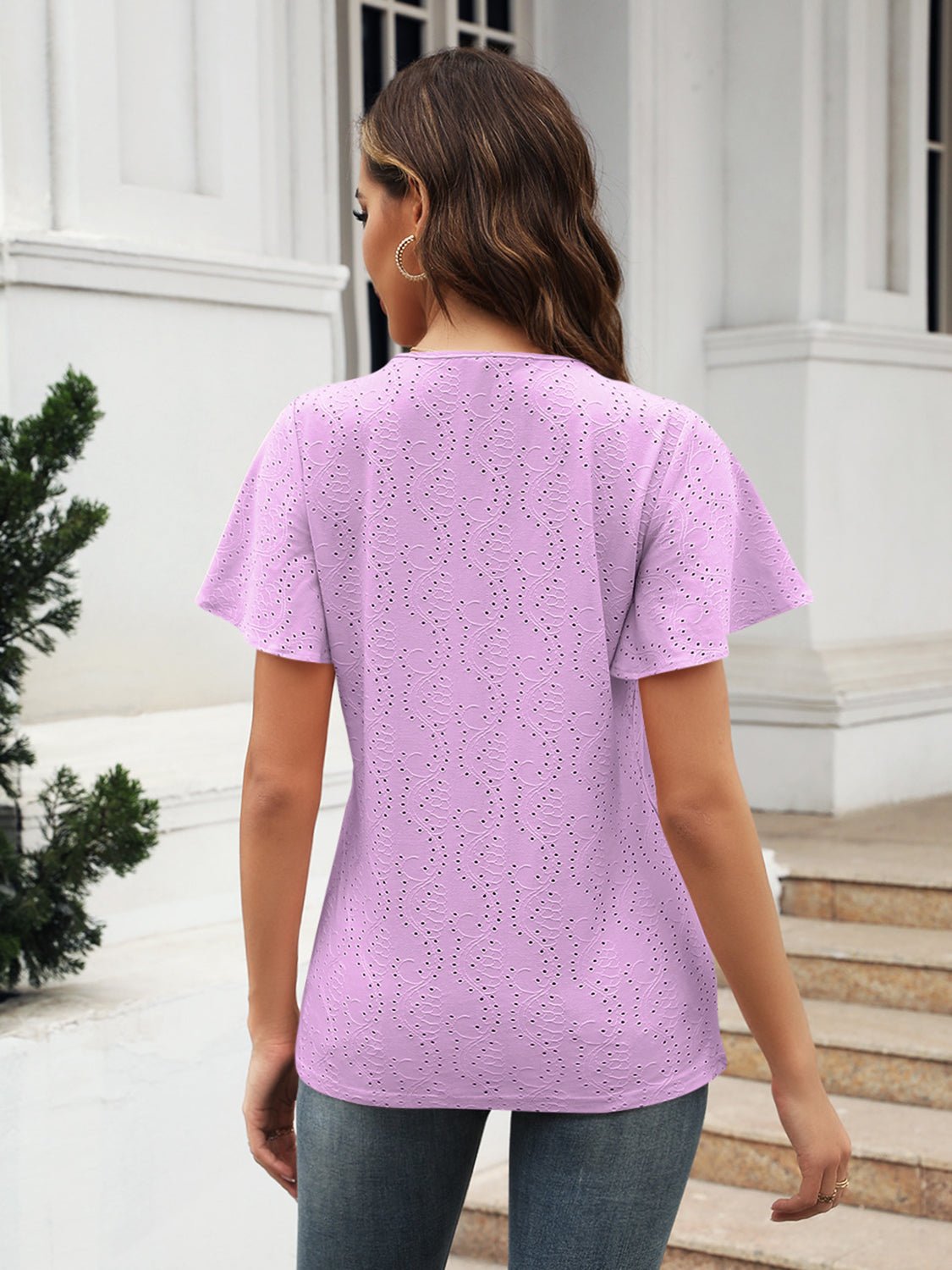 Eyelet V - Neck Short Sleeve Blouse - Loulou Boutique