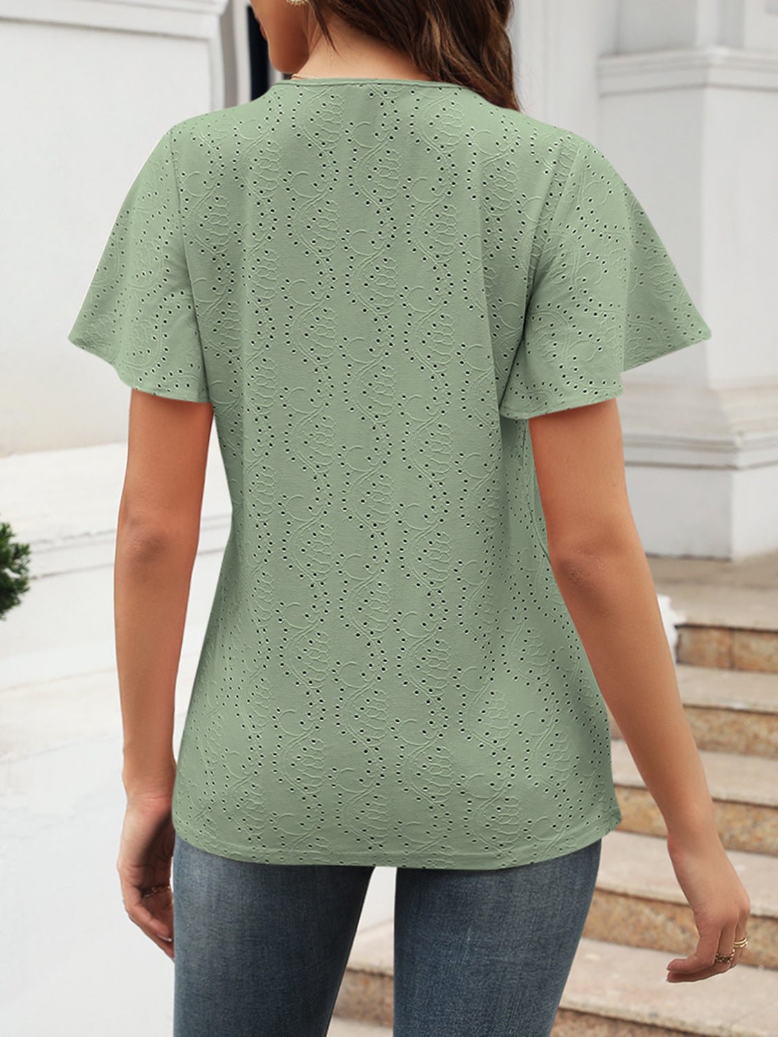 Eyelet V - Neck Short Sleeve Blouse - Loulou Boutique