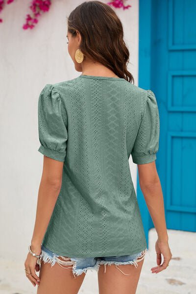 Eyelet V - Neck Short Sleeve T-Shirt - Loulou Boutique