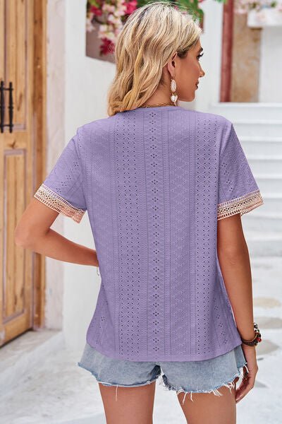 Eyelet V - Neck Short Sleeve T-Shirt - Loulou Boutique