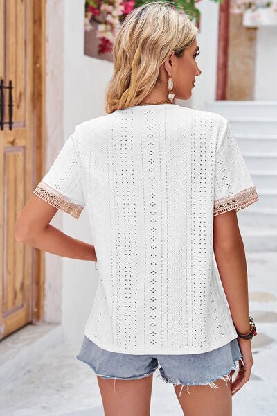 Eyelet V - Neck Short Sleeve T-Shirt - Loulou Boutique