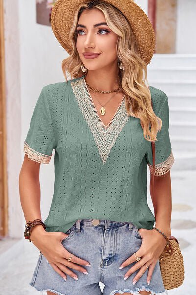 Eyelet V - Neck Short Sleeve T-Shirt - Loulou Boutique