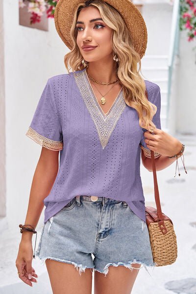 Eyelet V - Neck Short Sleeve T-Shirt - Loulou Boutique