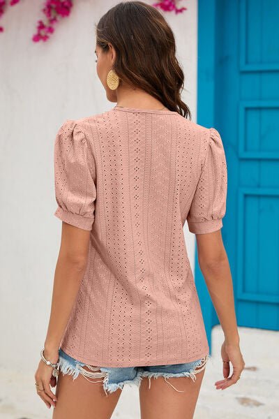 Eyelet V - Neck Short Sleeve T-Shirt - Loulou Boutique