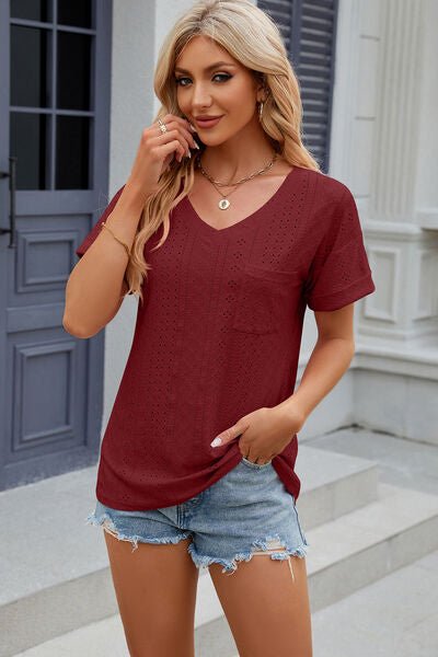 Eyelet V - Neck Short Sleeve T-Shirt - Loulou Boutique