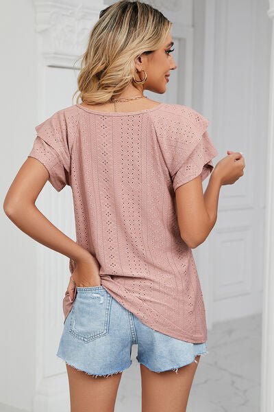 Eyelet V - Neck Short Sleeve T-Shirt - Loulou Boutique