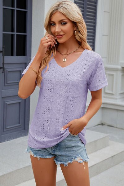 Eyelet V - Neck Short Sleeve T-Shirt - Loulou Boutique