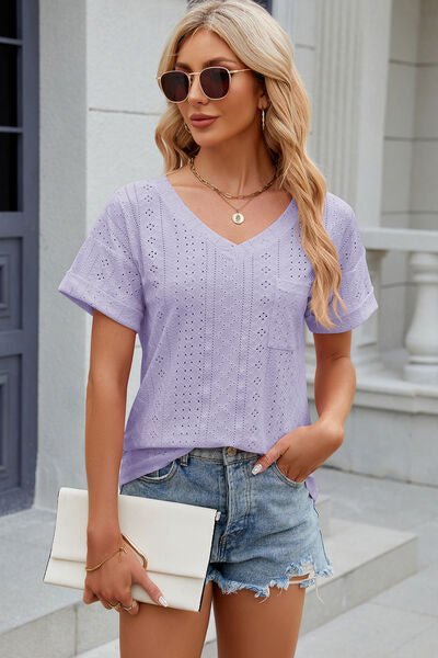 Eyelet V - Neck Short Sleeve T-Shirt - Loulou Boutique