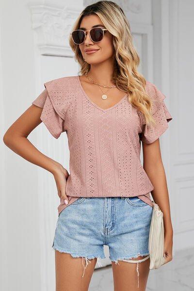 Eyelet V - Neck Short Sleeve T-Shirt - Loulou Boutique