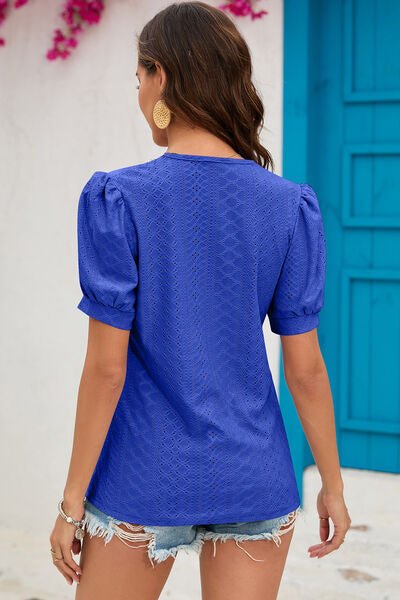 Eyelet V - Neck Short Sleeve T-Shirt - Loulou Boutique