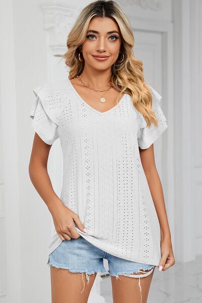 Eyelet V - Neck Short Sleeve T-Shirt - Loulou Boutique