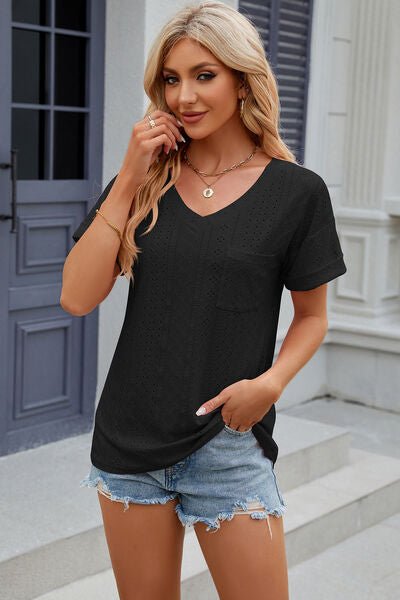 Eyelet V - Neck Short Sleeve T-Shirt - Loulou Boutique