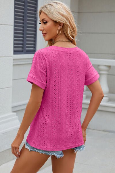 Eyelet V - Neck Short Sleeve T-Shirt - Loulou Boutique