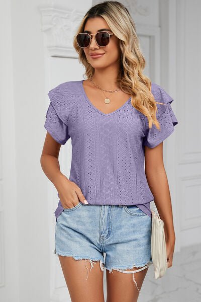 Eyelet V - Neck Short Sleeve T-Shirt - Loulou Boutique