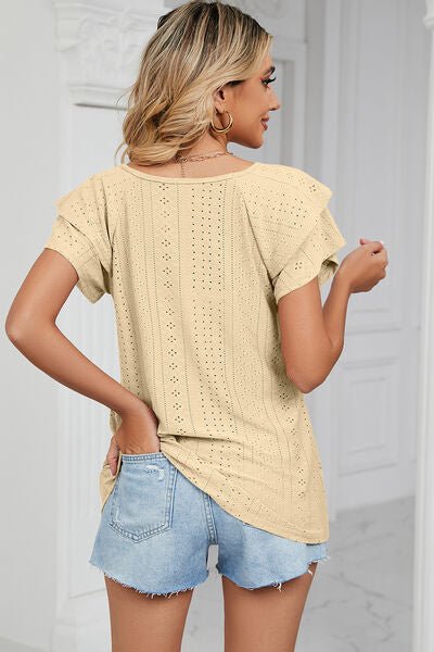 Eyelet V - Neck Short Sleeve T-Shirt - Loulou Boutique