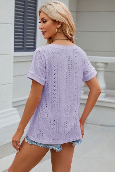 Eyelet V - Neck Short Sleeve T-Shirt - Loulou Boutique