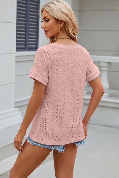 Eyelet V - Neck Short Sleeve T-Shirt - Loulou Boutique