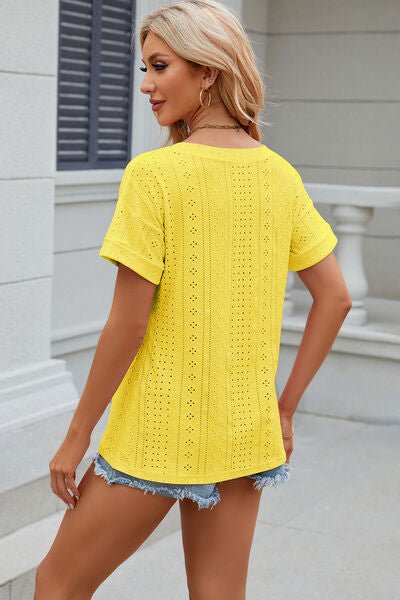 Eyelet V - Neck Short Sleeve T-Shirt - Loulou Boutique