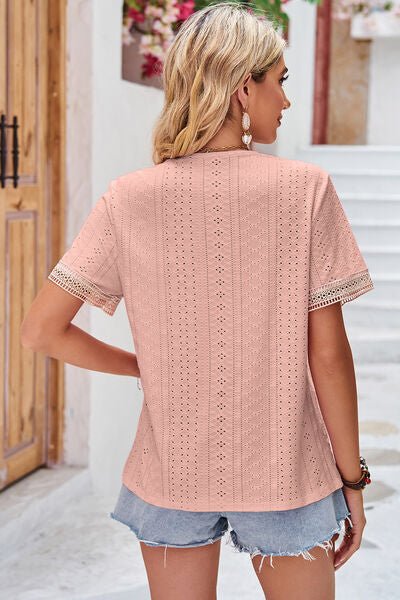 Eyelet V - Neck Short Sleeve T-Shirt - Loulou Boutique