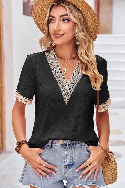 Eyelet V - Neck Short Sleeve T-Shirt - Loulou Boutique