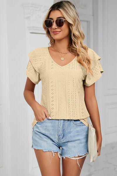 Eyelet V - Neck Short Sleeve T-Shirt - Loulou Boutique