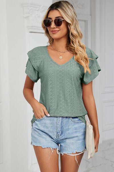 Eyelet V - Neck Short Sleeve T-Shirt - Loulou Boutique