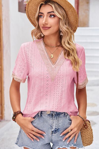 Eyelet V - Neck Short Sleeve T-Shirt - Loulou Boutique