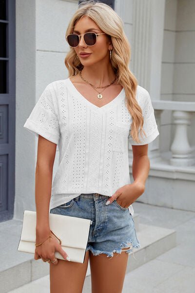 Eyelet V - Neck Short Sleeve T-Shirt - Loulou Boutique