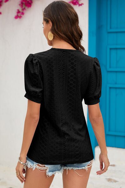 Eyelet V - Neck Short Sleeve T-Shirt - Loulou Boutique