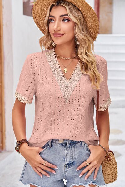Eyelet V - Neck Short Sleeve T-Shirt - Loulou Boutique
