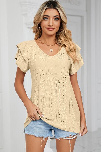 Eyelet V - Neck Short Sleeve T-Shirt - Loulou Boutique