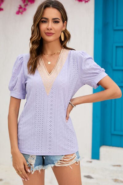 Eyelet V - Neck Short Sleeve T-Shirt - Loulou Boutique