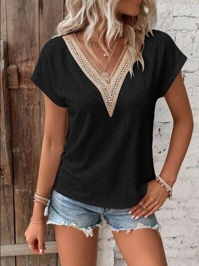 Eyelet V - Neck Short Sleeve T-Shirt - Loulou Boutique