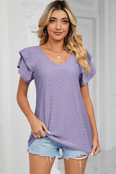 Eyelet V - Neck Short Sleeve T-Shirt - Loulou Boutique