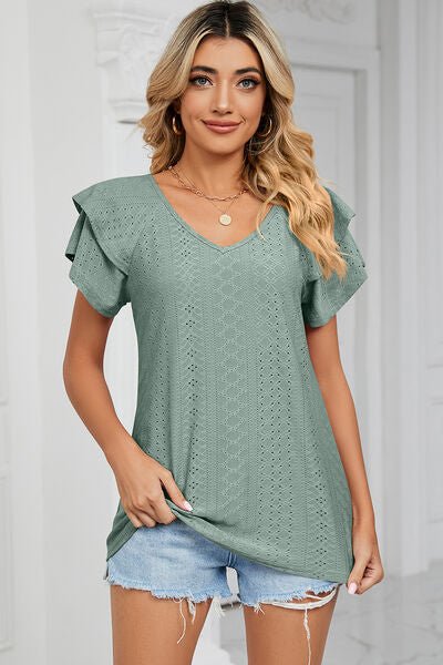 Eyelet V - Neck Short Sleeve T-Shirt - Loulou Boutique