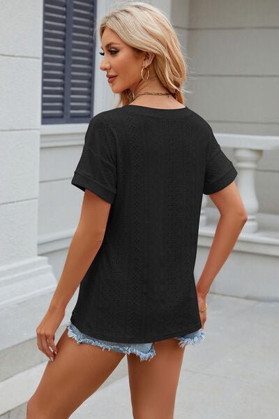Eyelet V - Neck Short Sleeve T-Shirt - Loulou Boutique