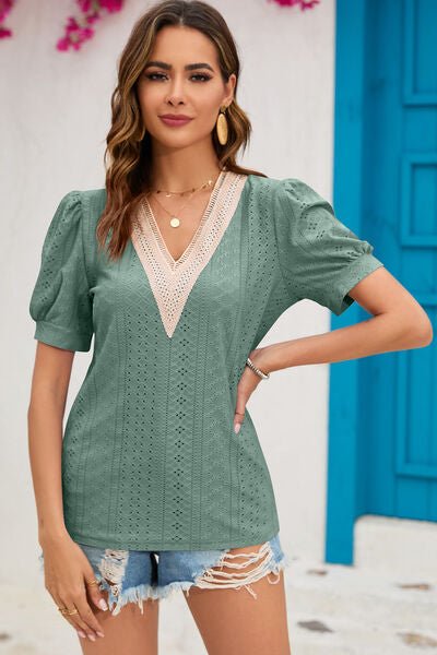 Eyelet V - Neck Short Sleeve T-Shirt - Loulou Boutique