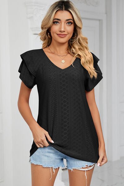 Eyelet V - Neck Short Sleeve T-Shirt - Loulou Boutique
