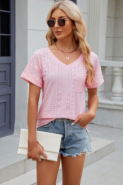 Eyelet V - Neck Short Sleeve T-Shirt - Loulou Boutique