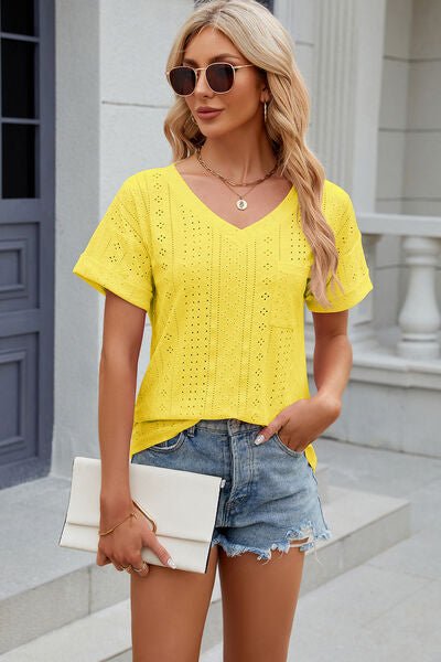Eyelet V - Neck Short Sleeve T-Shirt - Loulou Boutique