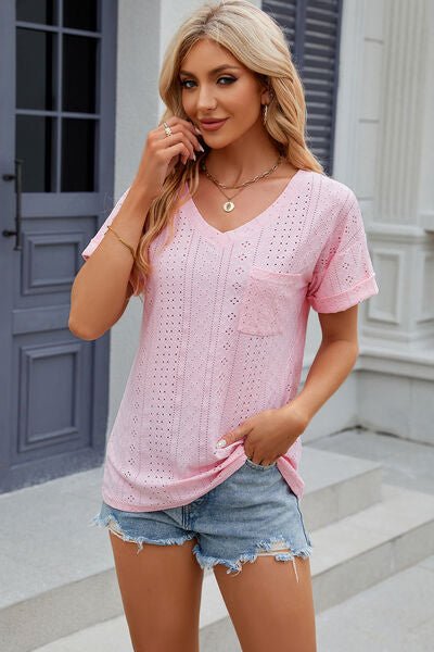 Eyelet V - Neck Short Sleeve T-Shirt - Loulou Boutique