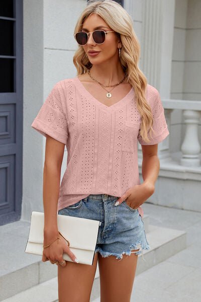 Eyelet V - Neck Short Sleeve T-Shirt - Loulou Boutique
