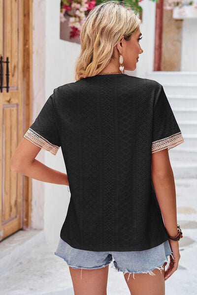 Eyelet V - Neck Short Sleeve T-Shirt - Loulou Boutique