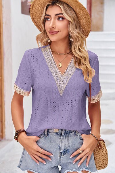 Eyelet V - Neck Short Sleeve T-Shirt - Loulou Boutique
