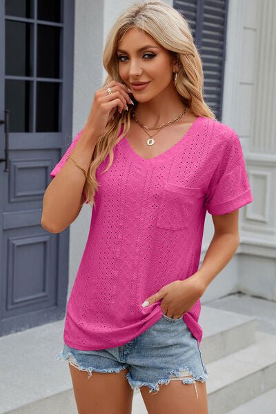 Eyelet V - Neck Short Sleeve T-Shirt - Loulou Boutique