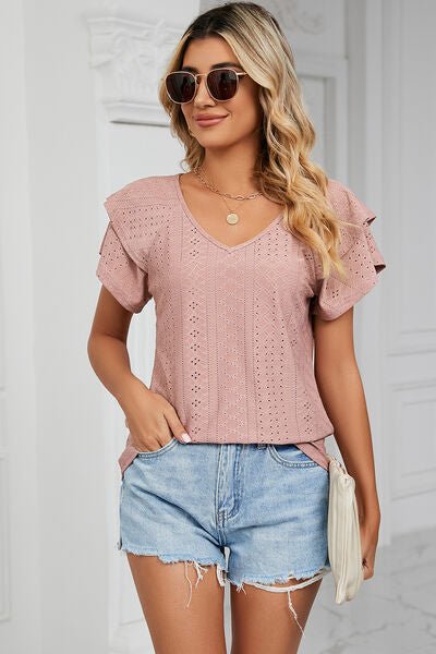 Eyelet V - Neck Short Sleeve T-Shirt - Loulou Boutique